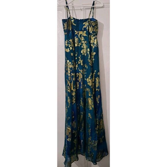 Oleg Cassini Womens elegant Small gold teal blue dress Silk long floor length - Picture 4 of 8